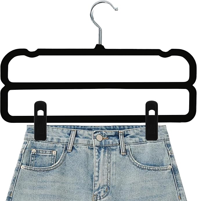 WJWSKI Velvet Pants Hangers with Double Non Slip Bar - with Adjustable Clips- Thin Space Saving Clothes Hanger - 360° Swivel Felt Trouser Hanger Perchas Terciopelo 10 Pack (Black)
