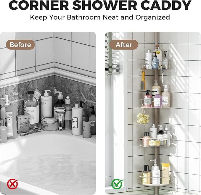 Urackify Corner Shower Caddy Tension Pole, 4 Tier Adjustable Bathroom Organizer Shelves, Shower Storage With Hidden Hook & Towel Holder,63.7-119 Inch No-Drill Quick Installation Shower Rack,Sliver