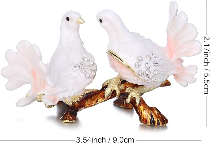 Hand Painted Animal Trinket Box for Home Decor, Hinged Jewelry Organizer Storage, Unique Personalized Collectible Keepsake Figurine Handmade Decorative Ornament Gifts (Dove Couple)