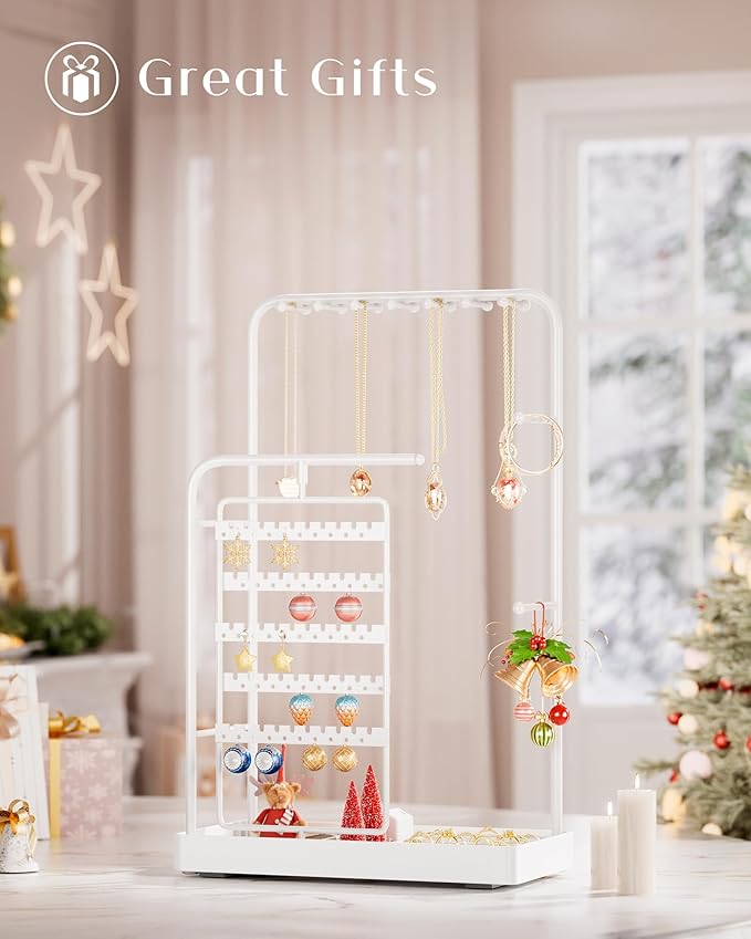 ProCase Jewelry Stand Holder Organizer, Jewelry Display Storage with Ring Tray, Rotating Earring Bracelet Necklace Holder, Valentine's Gifts Room Dorm Decor for Teen Girls -White (No-Assembly)