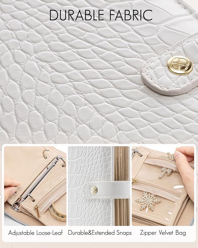 VLANDO Travel Jewelry Organizer Case,Travel Gifts for Women,Portable Jewelry Storage Book Ring Binder with Clear Zipper Velvet Jewelry Pouch Bag-White