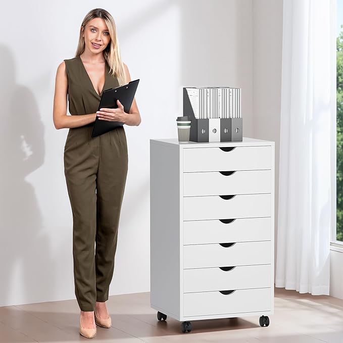7 Drawer Mobile File Cabinet Under Desk Storage Organization with Wheels Vertical Filing Chest Rolling Wood Small Desk Printer Stand for Home Office, White