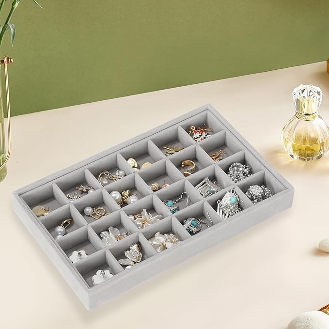 Frebeauty 24 Grid Earring Holder Organizer Tray, Jewelry Organizers and Storage for Drawer,Velvet Jewelry Display Storage for Earrings,Rings,Studs,10.5 x 6.5 x 1.2 Inches Gift for Women (Grey)