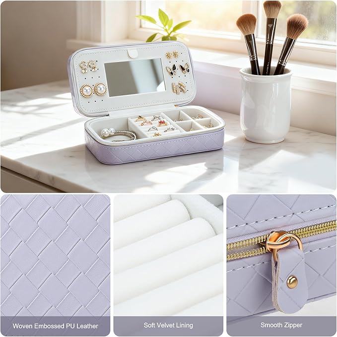 DesignSter Travel Jewelry Case, Woven Embossed PU Leather Jewelry Organizer with Mirror, Small Portable Jewelry Box for Women Rings Necklaces Bracelets Earrings