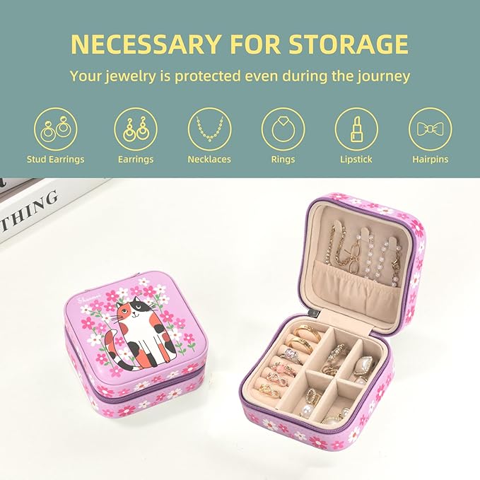 shunmei Mini Travel Jewelry Box,PU Leather Portable Jewelry Organizer Case,Art Accessories Storage Holder Boxes for Earring, Necklace, Rings, Bracelets (Pink Cat)