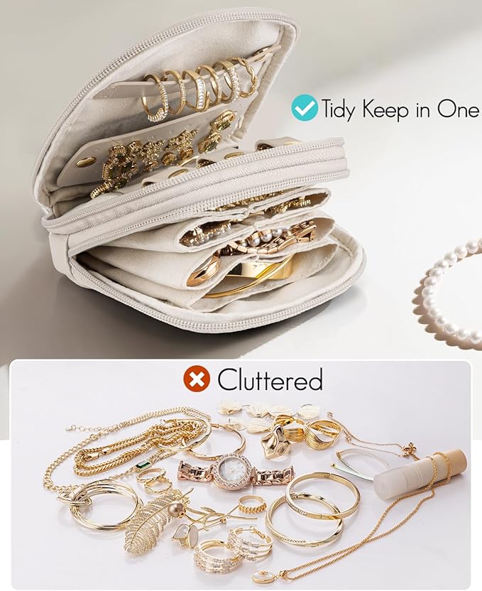 VLANDO Travel Jewelry Case,2-Layer Jewelry Organizer for Travel,Mothers Day Mom Gifts Teacher Gifts,Multi-Compartment Jewelry Storage for Rings Earrings Necklaces Bracelets-Cream White