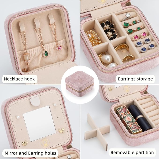 TRODANCE Plush Velvet Travel Jewelry Case Organizer, Small Travel Jewelry Box,Portable Jewelry Box Travel Mini Organizer Portable Display Storage Box For Rings Earrings Necklaces (Pink)