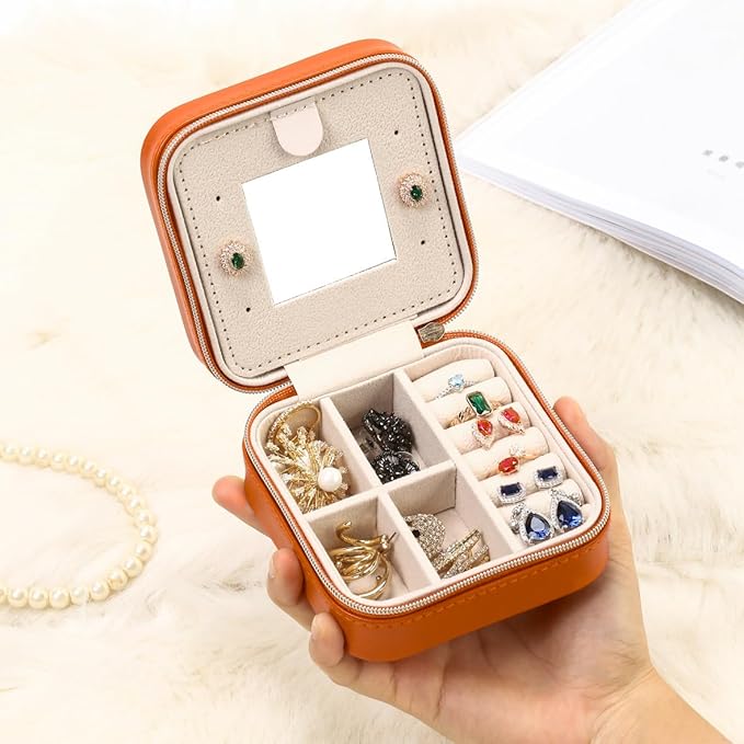 TRODANCE Jewelry Travel Case with Mirror,Small Travel Jewelry Organizer, Portable Jewelry Box Travel Mini Organizer Portable Display Storage Box for Rings Earrings Necklaces (Orange)