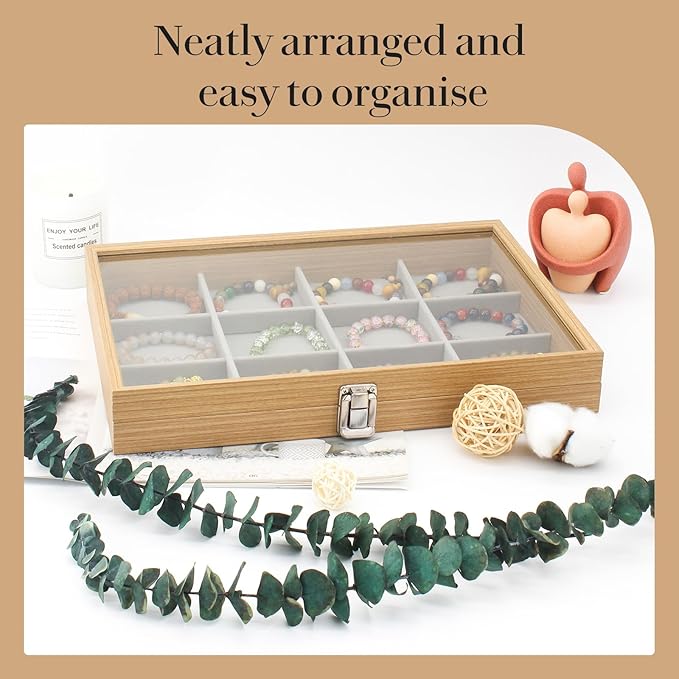 KOOAAICCHI Jewelry Organizer Tray 12 Grid Velvet Jewelry Storage Box with Clear Lid Jewelry Display Case with Lock Bracelet Earring Ring Organizer Showcase Gifts for Girls Women-12 Grid Wooden Beige