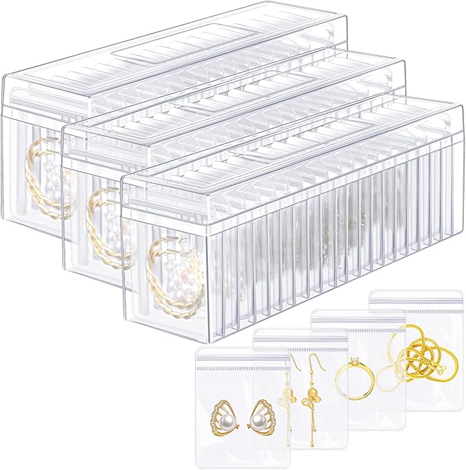 Kenning 63 Pcs Acrylic Jewelry Case Organizer, Clear Jewelry Organizers Holder with Portable Anti Tarnish Storage Bags for Rings, Earrings, Necklaces, Ideal Gifts for Women (Clear)