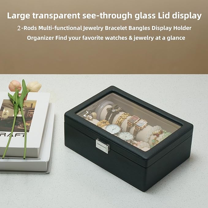 Bracelets Organizer Rods Bangles Display Holder, Clear See through Lid Leather Velvet Jewelry Storage Box Case for Women, 2 Rods Black Leather