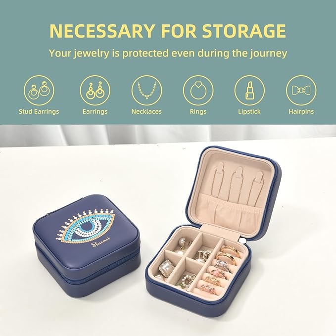 shunmei Mini Travel Jewelry Box,PU Leather Portable Jewelry Organizer Case,Art Accessories Storage Holder Boxes for Earring, Necklace, Rings, Bracelets (Blue Eyes)