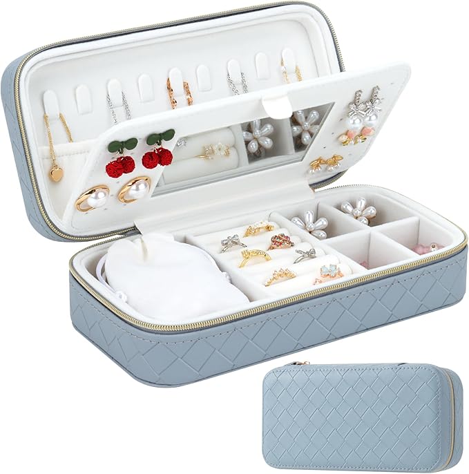 DesignSter Travel Jewelry Case, Woven Embossed PU Leather Jewelry Organizer with Mirror, Small Portable Jewelry Box for Women Rings Necklaces Bracelets Earrings