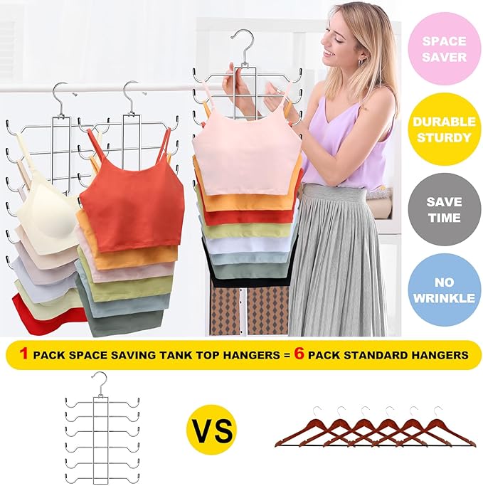 1 Pack Tank Top Hanger Space Saving, Closet-Organizer-and-Storage for Small Space, Non-Slip 6-Tier Hanging Sport Bras Holder, Dorm-Room-Essentials-for-College-Students-Girls Camisoles Swimsuits Dress