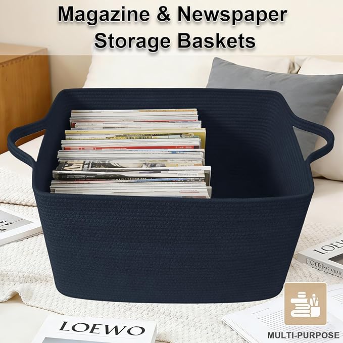 96L Large Blanket Basket,24"x16"x15"Rectangle Storage Bin with Handles,Woven Rope Laundry Basket for Toys, Clothes,Magazines,Home Organization,Nursery,Living Room & Bedroom,Navy