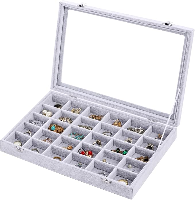 Jewelry Organizer Tray with Clear Lid 30 Grid Velvet Drawer Insert Jewelry Storage box with Glass lid Display Case Store Showcase Holder with Lock Gifts for Women
