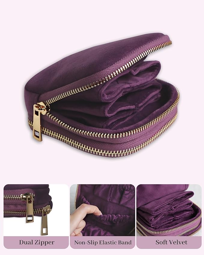 Stratalife 2-Layer Travel Jewelry Case Organizer Compact Storage Bag for Rings Earrings Necklace Bracelet Portable Velvet Jewelry Pouch with Zippers Accessories Travel Essentials Gift for Women Purple