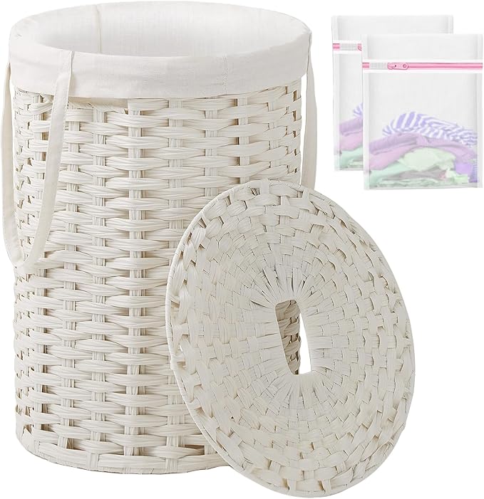 SETVSON Laundry Hamper with Lid Laundry Basket with Lid 19.0 Gal (72 L) Round Wicker Laundry Basket Handwoven Rattan Basket with Lid Removable Bag 2 Mesh Bags Handles for Living Room Bathroom White