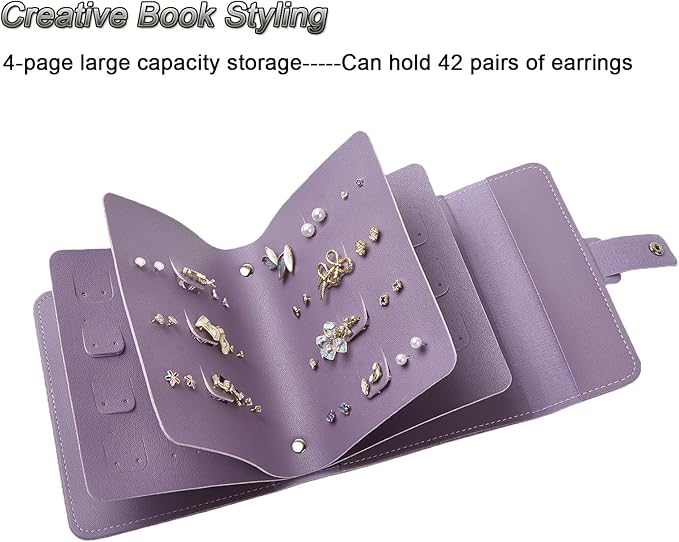 LAKE OF FIRE Earring Holder Organizer with Foldable Book Design Jewelry Book Organizer, Portable Pu Leather Travel Earring Case(Purple)