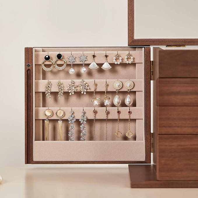Black Walnut Wooden Jewelry Box, Wood Jewelry Organizer with 2 Side Doors Mirror Lockable Classical Style for Watch Necklace Ring Earring Storage Mothers Day Gifts for Mom-4 Layer