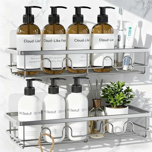 Adhesive Shower Caddy, Large Capacity Shower Racks for Inside Shower, No Drill Bathroom Shower Organizer and Storage, 2 Pack Silver Bathroom Shelves, Home Decor Rv Accessories, Apartment