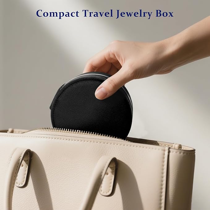 CONBOLA Travel Jewelry Case Small Jewelry Box for Women Girls,Round Velvet Jewelry Travel Organizer,Portable Jewelry Box for Rings Earrings Necklaces Bracelets.(Black,Large)