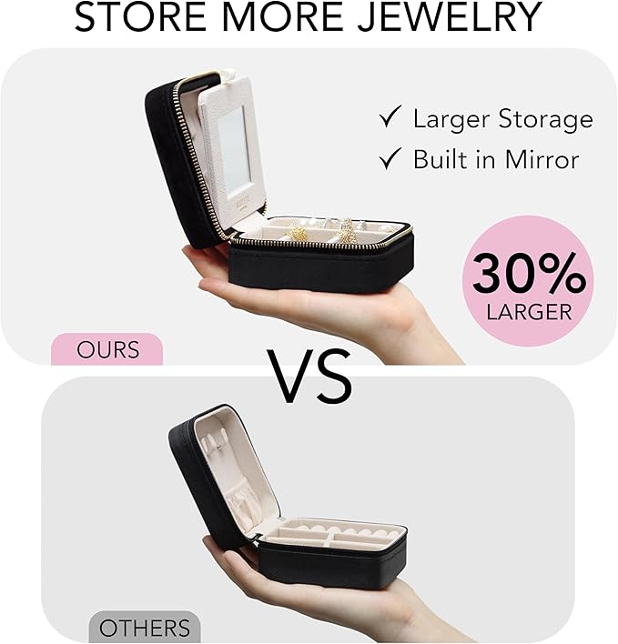 BLUTETE Travel Jewelry Box Organizer Velvet Travel Case With Mirror Rings Earrings Necklaces Storage Organizer Box (Black)