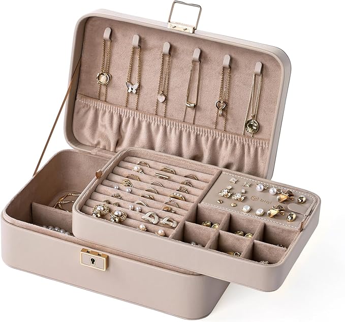 Jewelry Box, 2-Layer Jewelry Holder Organizer with Lock, Removable Jewelry Tray for Earrings Necklaces Bracelets, Light Taupe