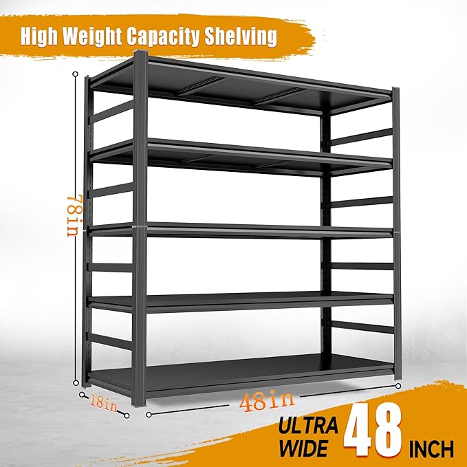 78''H×48''W Garage Shelving,5 Tier Heavy Duty Metal Garage Storage Shelves, Metal Shelving, 3000 lbs Adjustable Standing Shelf and Double-Layer Posts for Garage,Warehouse,Basement Black
