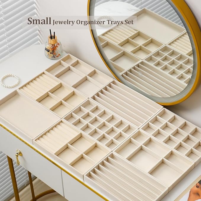 Stackable Jewelry Organizer Trays Set of 9, Small Velvet Jewelry Organizers Earring Necklace Ring Bracelet Display Case Storage for Drawer Dresser (Beige)