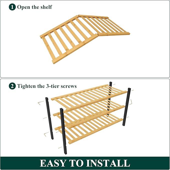 Smiry Bamboo Shoe Rack for Closet, 3 Tier Wooden Stackable Shoe Organizer, Free Standing Shoes Storage Shelf for Entryway, Front Door Entrance, Natural & Black