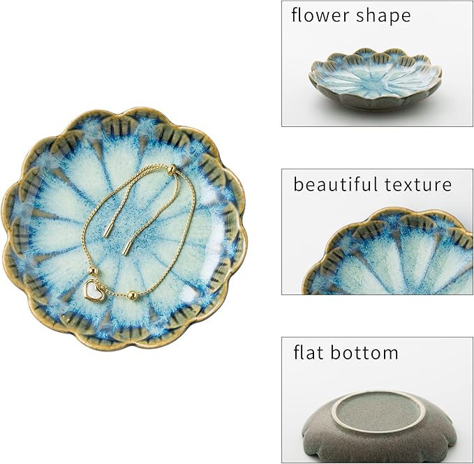 Jewelry Dish Tray, Ring Dish, Ceramic Trinket Tray, Key Bowl, Decorative Plate, for Friends Sisters Daughter Mother (Retro Blue)