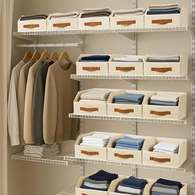 Homsorout Fabric Storage Bins for Organizing - 6 Pack Large Trapezoid Collapsible Storage Bins with Front Handle, Closet Organizers and Storage for Bedroom, Home Shelves, Small Spaces, Beige