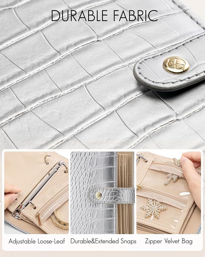 VLANDO Travel Jewelry Organizer Case,Travel Gifts for Women,Portable Jewelry Storage Book Ring Binder with Clear Zipper Velvet Jewelry Pouch Bag-Silver