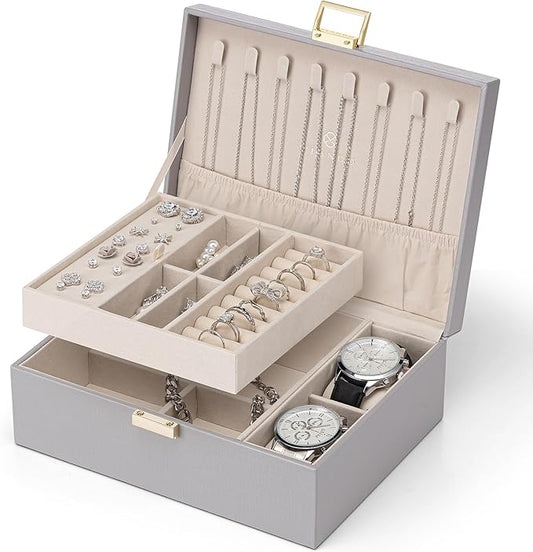 VLANDO 2 Layer Jewelry Box Large Jewelry Organizer for Women Removable Jewelery Tray with Watch Pillow for Necklace Earrings Rings Bracelets Gifts for Couples Mom Friends, Bridesmaid (Grey)