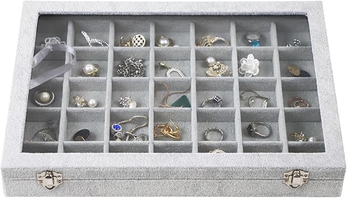 Jewelry Tray 35 Grid Velvet Jewelry Organizer with Clear Lid Transparent Earring Bracelet Organizer Holder Case with Clasp Drawer Insert for Rings Studs Gift for Women Girls