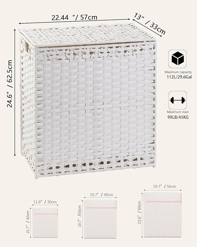 SETVSON Laundry Hamper with Lid Wicker Laundry Basket 112 L (29.6 Gal) Laundry Hampers Handwoven Rattan Clothes Hamper with Handles 3 Removable Liner Bag, 6 Mesh Bags for Bathroom Bedroom White