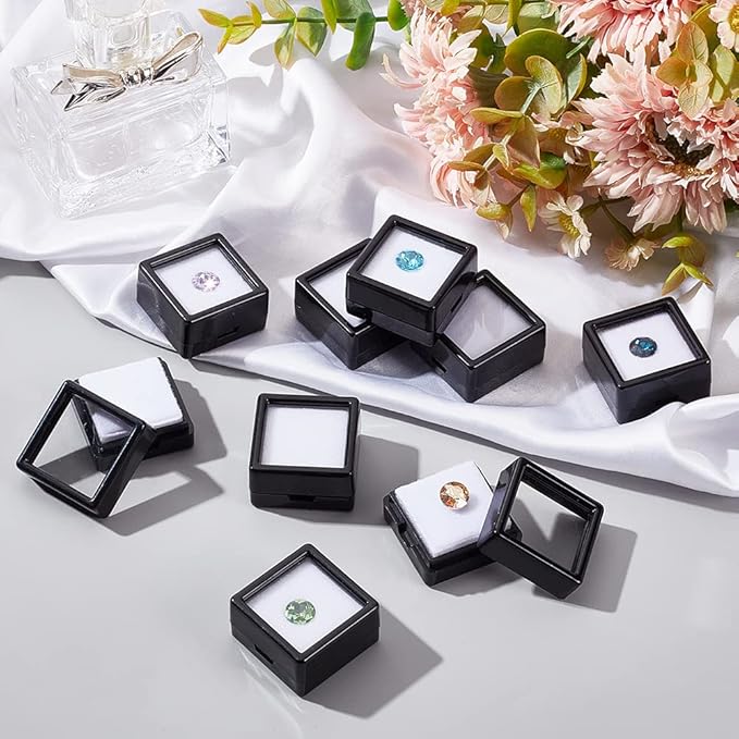 BENECREAT 36 Pcs Black Gemstone Display Box Plastic Transparent Bare Stone Box Black Square Jewelry Box 1.16x1.16x0.65 Suitable for Gemstone, Jewelry, Crystal Diamond Accessories Display