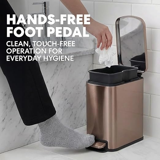 SIMPLI-Magic 6L/1.6G Stainless Steel Bathroom Trash Can with Hands-Free Foot Pedal, Quiet Soft-Close Lid, Compact Space-Saving Size