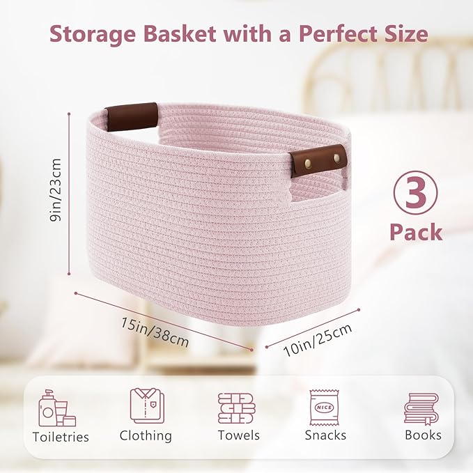 ECDYQXVU Cotton Rope Basket, Storage Baskets with Handle, 15x10x9 Inch Woven Basket for Shelves, Laundry, Towels, Clothes, Books (Light/Pink 3Pack)