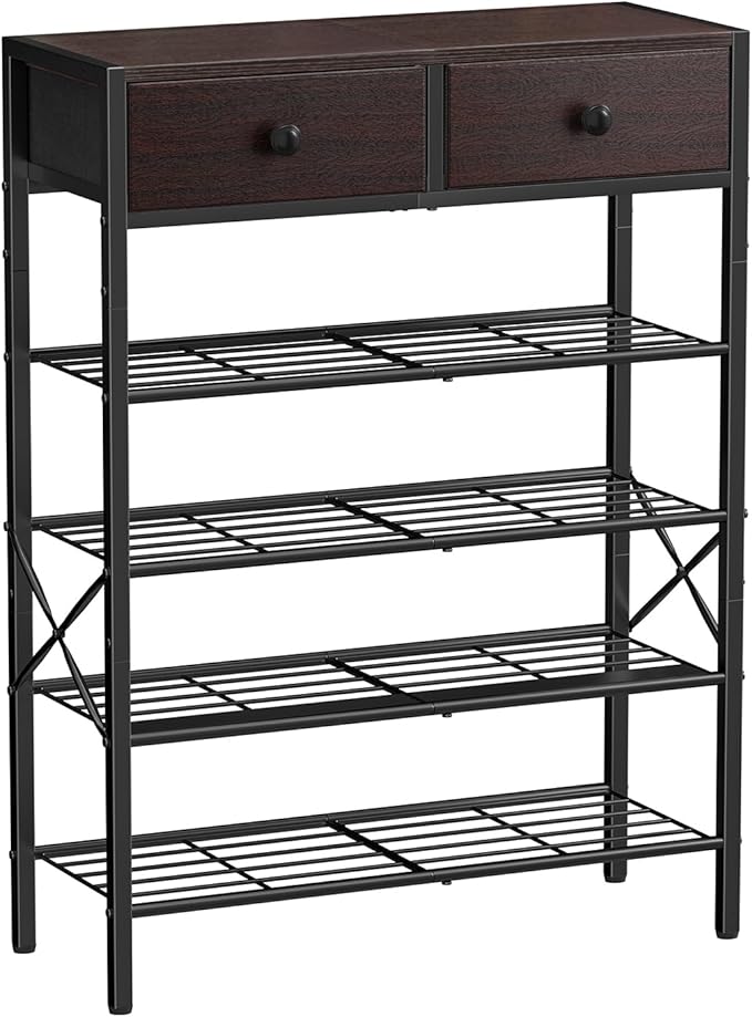 Shoe Rack for Entryway, 5 Tier Shoe Organizer with 2 Non-Woven Drawers, Metal Storage Shoe Shelf for 16-20 Pairs of Shoes, with Wooden Top and Steel Frame, Shoe Stand for Closet Dark Brown