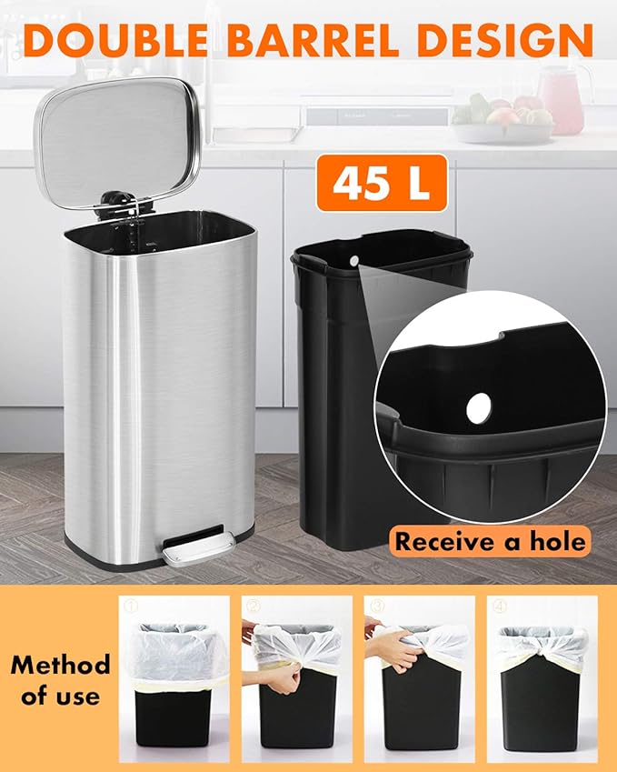 FDW | 8 Gallon Trash Can with Lid | Stainless Steel | Fingerprint Proof | Made of Stainless Steel | Soft-Close Step Pedal | Hands-Free Use | Easy to Clean | for Kitchen, Office, Bathroom