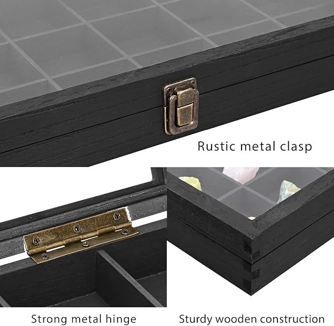 MOOCA Wooden Jewelry Display Case with Tempered Glass Lid & 18 Compartments Tray, Rock Collection Box, Crystal Display Case, Black Color