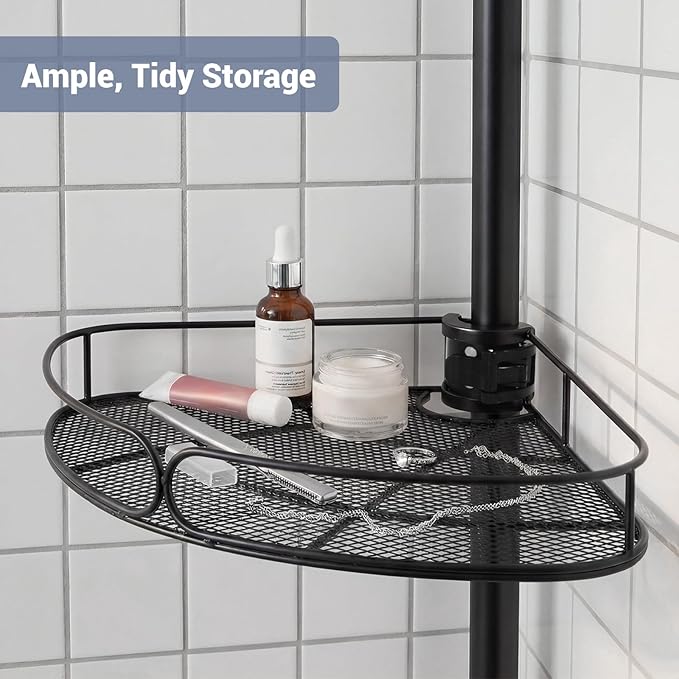 Standing Shower Caddy Corner, 4-Tier Adjustable Height Bathroom Organizer, 6-Section Pole, Sturdy Floor Standing Shelf for Shower or Bathtub – No Drilling, No Spring Tension