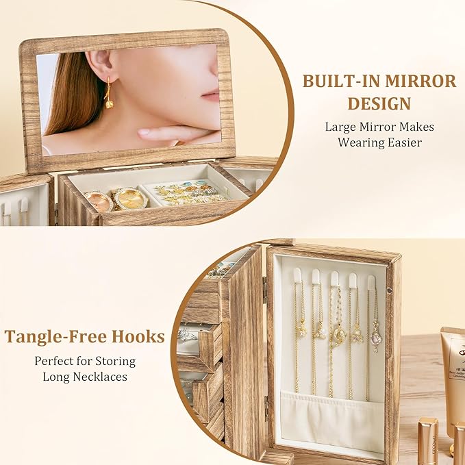 Large Jewelry Box & Organizer for Women, Wooden Jewelry Storage with 4 Transparent Drawers, Holds Necklaces, Rings, Bracelets, Earrings and Watches(Brown)