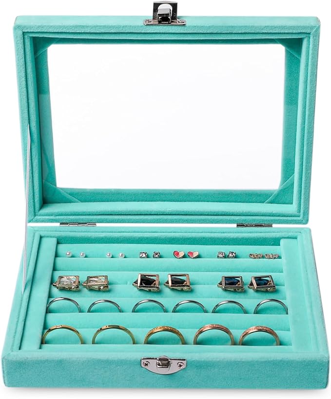 Frebeauty Rings/Earring Organizer Tray with Clear Lid,7 Slots Ring Box Velvet Ring Holder Drawer Insert Jewelry Storage Box Jewelry Display Case Jewelry Box Gift for Women and Girls(Turquoise,7 Slots)