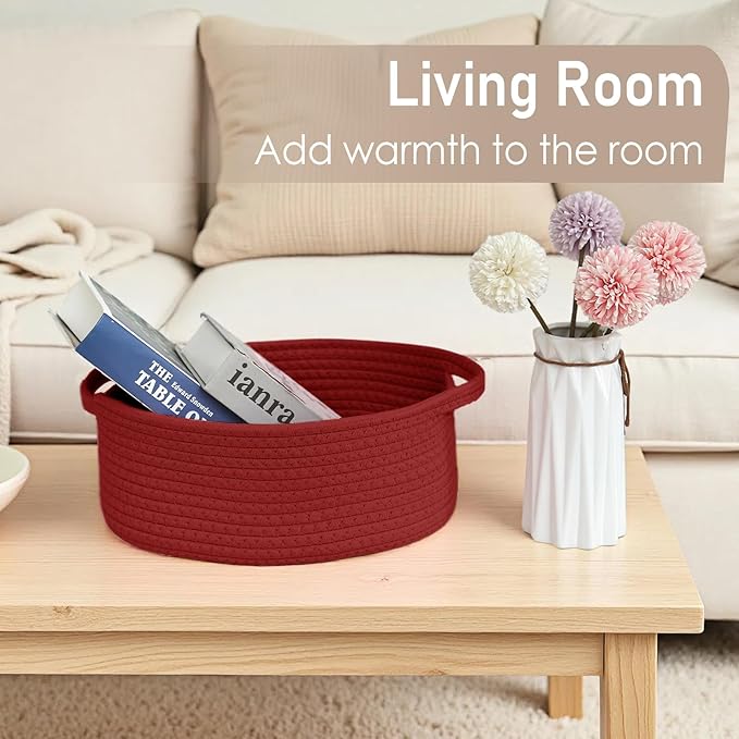 JMvicyroam Woven Basket,Small Rope Storage Bin with Handles & Ribbon Bag, Organizer for Shelves Closets,Gift Basket Empty for Birthday,Books,Dog Toys, Red/2 Pack