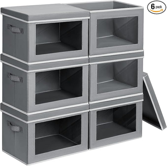 Homsorout Clothes Organizers and Storage - 6 Pack Large Storage Box with Lids, Foldable Closet Organizer with Lids, Decorative Basket Bins for Home, Dorm, Closet, Grey