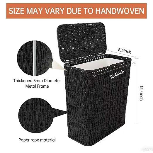 Coeusy 3 Gallon Paper Rope Bathroom Trash Can,Small Wicker Trash Cans with Lid and Liner,Woven Rattan Narrow Waste Basket for Bedroom,Office,Black