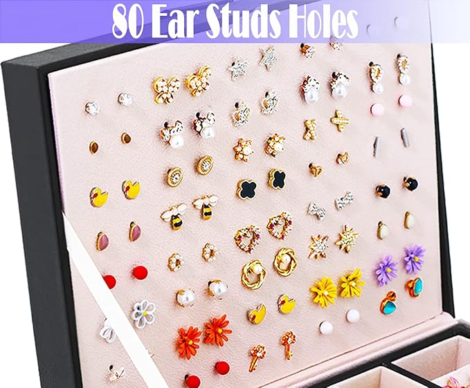 Earrings Jewelry Box for Girls, Large Capacity Jewelry Organizer with 40-Pair Earring Board, 2-Layer Leather Jewelry Storage Box for Necklaces Rings Bracelets with Removable Tray(Gift Idea),Black